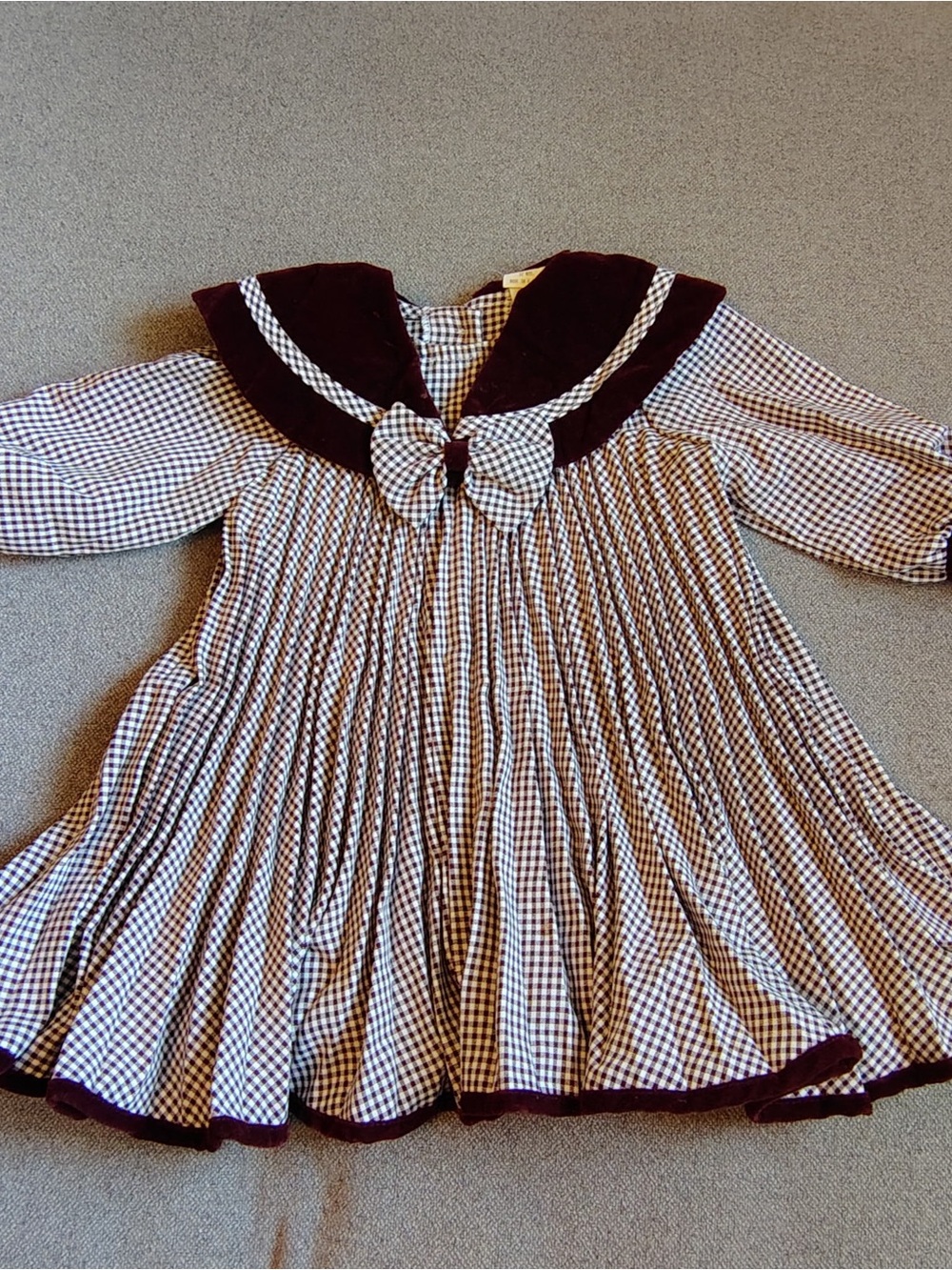 Vtg Velvet Caped Checked Dress Girls 12M Maroon Bow Pleated Madeline Sailor USA